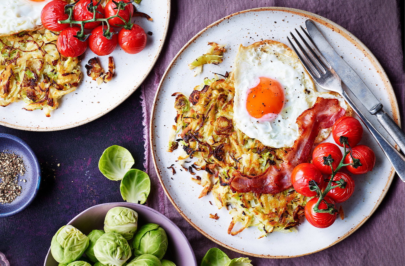 Sprout hash browns on a plate with fried egg