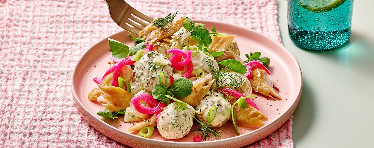 scandi style potato salad served on a plate